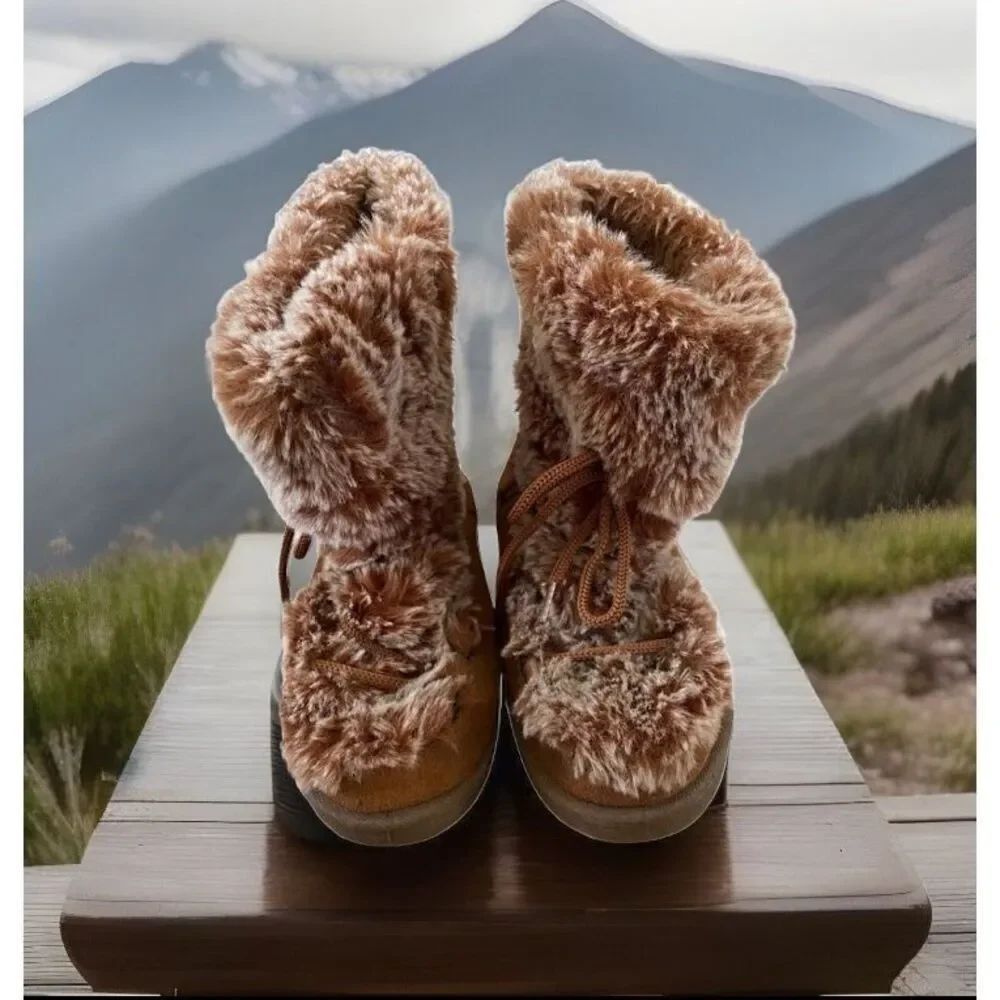 Faux Fur Lace Up Winter Ankle Boots Snow Outdoors Furry